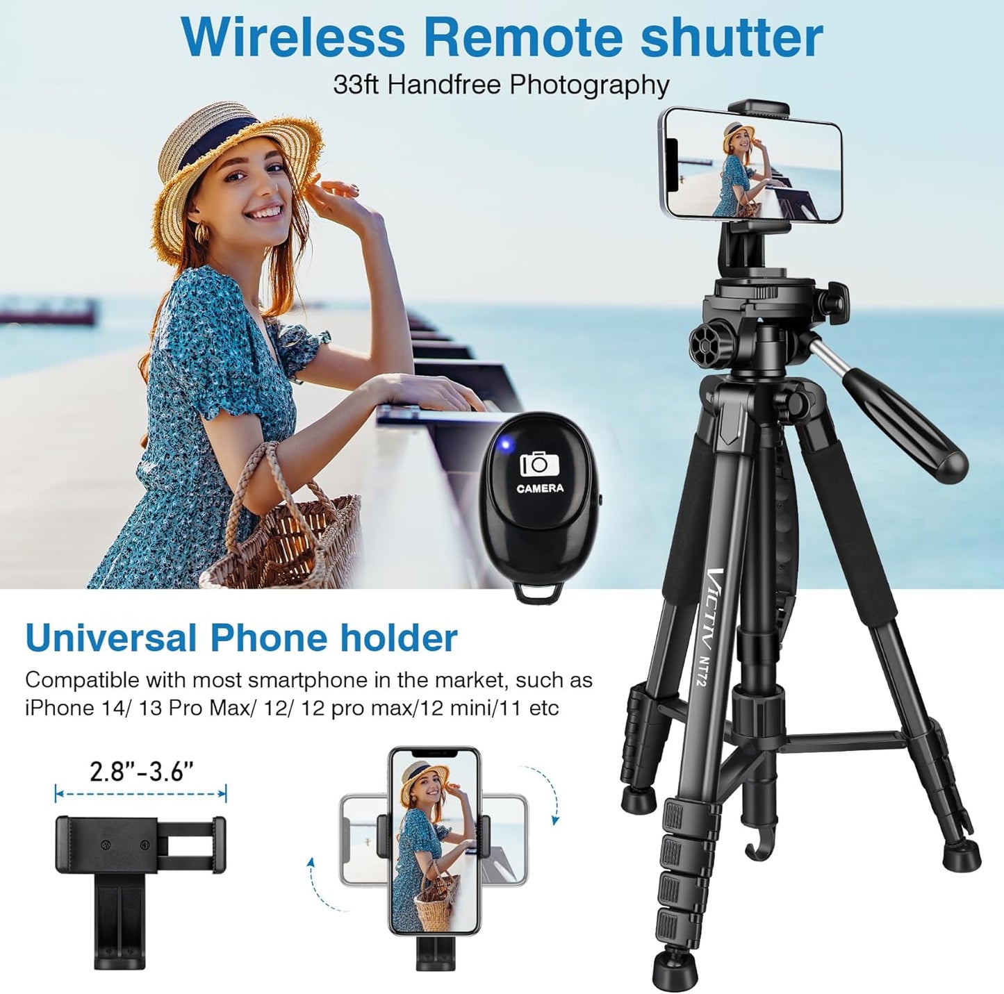 Tripod for Camera, 72" Tall Camera Tripod Monopod with Remote, Professional Heavy Duty Compact Camera Stand for Phone,DSLR, Spotting Scope, Telescope, Binocular