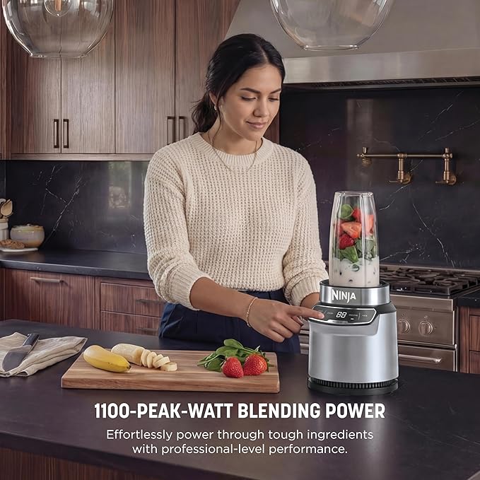 Ninja | Blender | Nutri Pro | Single Serve | For Smoothies, Salsa, Shakes and Frozen Drinks | Includes 2 Smoothie Cups & Lids | Crushes Ice, Fruit & Veggies |Silver | BN401
