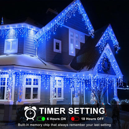 Icicle Christmas Lights Outdoor, 16.5FT 200 LED Icicle Lights for Outside with 8 Modes Waterproof, Connectable Curtain String Light for Indoor Bedroom Home Eaves Party Wedding Decorations, Blue