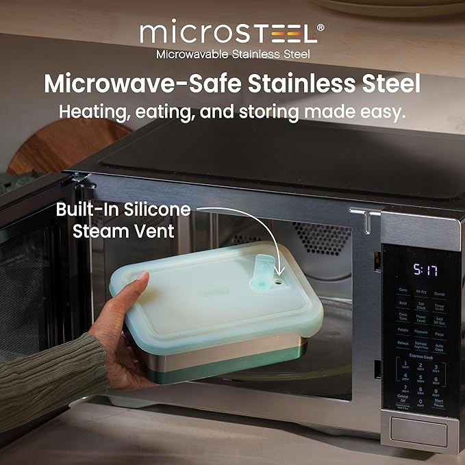Bentgo MicroSteel Heat & Eat Container – Microwave-Safe, Leak-Proof & Airtight, Easy-to-Clean Lightweight Stainless Steel Reusable Food Storage with Silicone Lid (Family Size; 8.5-Cup Capacity; Aqua)