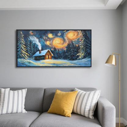 QZQCBLC Green Forest Wall Art, Farmhouse Hut Snow Scene Pictures Abstract Landscape Canvas Rustic Painting Artwork for Living room Bathroom Bedroom kitchen Home Office Decor 20x40 IN