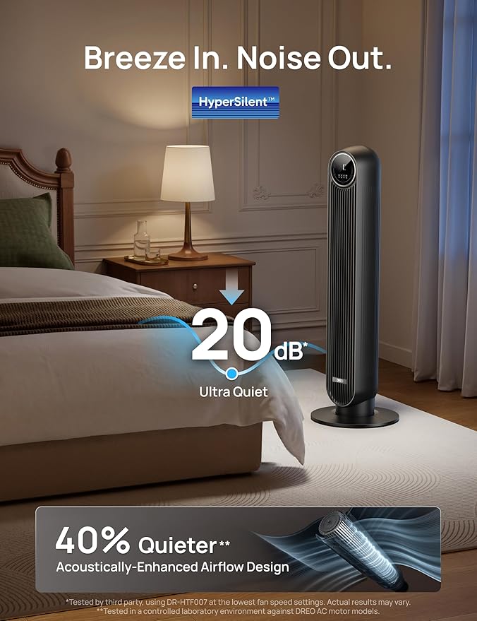 DREO Tower Fan for Bedroom, 2026 Upgraded DC Motor, 28ft/s High Velocity, 20dB Ultra Quiet Standing Fan, 8 Speeds 4 Modes, 90° Oscillating Bladeless Fan for Indoors, Floor Fans with Remote, Black