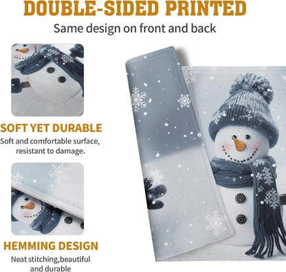 Snowman Placemats Set of 4, 12x18 Inch Winter Cute Blue Snowman Snowflake Table Mats Seasonal Christmas Holiday Washable Linen Fabric Place Mats for Farmhouse Party Kitchen Dining Decor