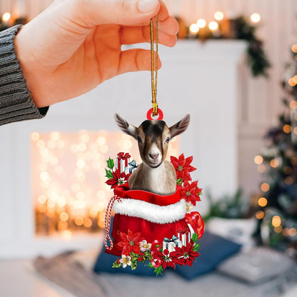 Talataca Goat 2D Flat Christmas Ornament, Goat in Red Santa Gift Bag Pine Tree Decor, Hanging House Charm Eve Keepsake, Car Rear View Mirror Accessories, Xmas Gift