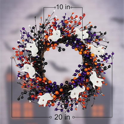 20-Inch Halloween Wreath - Handmade Orange & Black Berry Wreath with Adorable Mini Ghosts, Spooky Front Door Decor for Halloween Party