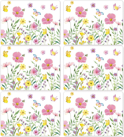 Spring Floral Butterfly Placemats Set of 6 Flower Summer Plastic Table Mats Wildflower Place Mats Washable Vinyl Rustic Holiday Table Decoration for Indoor Outdoor Party Kitchen Dining