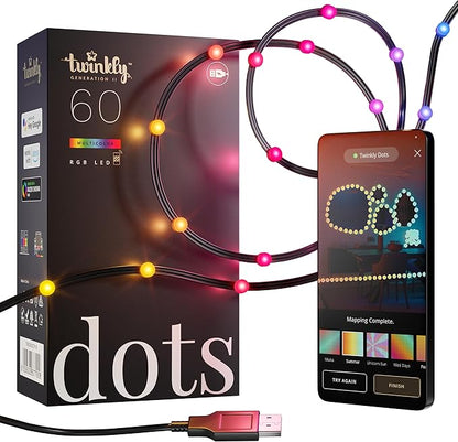Twinkly Dots String Lights App-Controlled Flexible LED Color Changing String Lights, 60 RGB (16 Mil. Colors). 60 LED / 10 Ft Black Wire. USB-Powered Indoor Smart Home Lighting Decoration