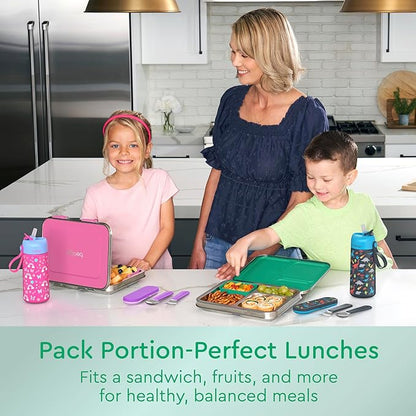 Bentgo Kids Stainless Steel Leak-Resistant Lunch Box - 3-Compartments with Bonus Silicone Container, Durable, Eco-Friendly, Dishwasher Safe, BPA-Free, Ideal for School, Ages 3+ (Green)