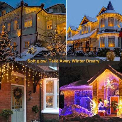 Warm White Christmas Lights Outdoor - 99ft 1216 LED 8 Modes Hanging Dripping Icicle String Lights with 228 Drops, Plug in Waterproof Timer Memory for House Home Holiday Yard Wedding Party Indoor
