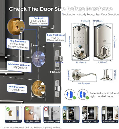 Veise VE017-L Fingerprint Smart Lock with Lever Handles, App Control, Keyless Entry Front Door Lock Set, Electronic Digital Keypad Deadbolt, Remote Grant, Emergency Power Port, Auto Lock, Satin Nickel