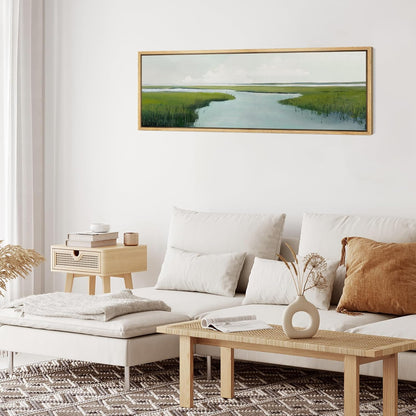 MUDECOR Large Framed Canvas Print Wall Art Serene Marshland Landscape Green and Blue Peaceful Illustrations Antique Retro Fine Art Illustrations Decorative Colorful for Bedroom - 60"x20"