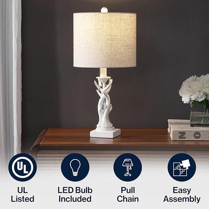 JONATHAN Y 20.5" Antique White Rustic Antler Table Lamp for Bedroom Farmhouse Decor, Mini Faux Antler Desk Lamp with Gray Linen Shade, Lodge Cabin Nightstand Lamp, LED Bulb (JYL1031C)