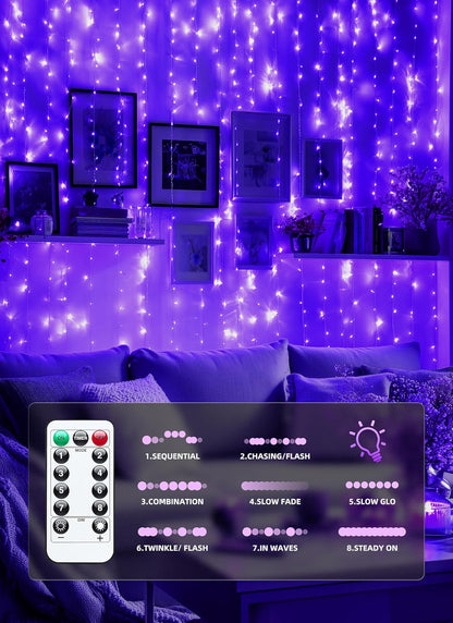 Brightown 300 LED Purple Fairy Curtain Lights, 9.8ft x 9.8ft Curtain String Lights, USB Plug in 8 Lighting Modes LED Christmas String Hanging Lights with Remote for Bedroom Indoor Outdoor Weddings