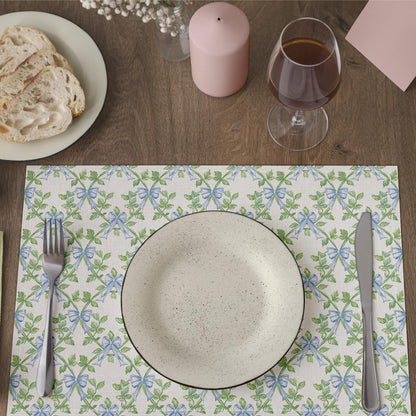 Green Leaf Placemats Set of 4, Blue Bow Table Mat for Home Kitchen, Restaurants, Outdoor Linen Washable Place Mats 12x18 inch Party Event Dining Decoration-01