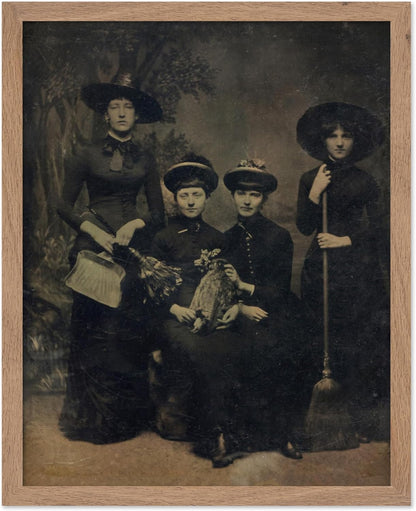 Poster Master Vintage Photograph Poster - Retro Halloween Print - Gift for Artist, Friend - Four Witches Wearing Robes, Sabbath, Coven, Sorcery - Wall Decor for Home, Office, 11x14 Beige Framed