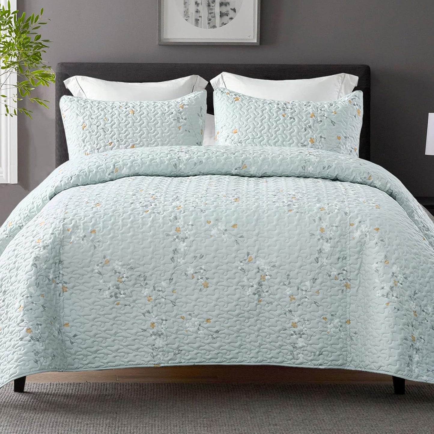 Exclusivo Mezcla Reversible Boho Quilt Set King Size, 3 Pieces Flowers Aqua All Season Bedspreads, Ultra Soft Floral Coverlet Bedding Set with Printed Pattern (1 Quilt, 2 Pillow Shams)