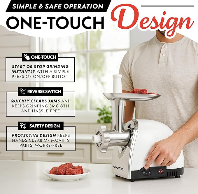 Gourmia Electric Meat Grinder – 500W Commercial Grade Meat Processor with Sausage Stuffer, 3 Stainless Steel Grind Plates Fine to Coarse, Stainless Steel