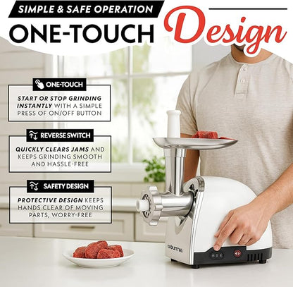 Gourmia Electric Meat Grinder – 500W Commercial Grade Meat Processor with Sausage Stuffer, 3 Stainless Steel Grind Plates Fine to Coarse, Stainless Steel