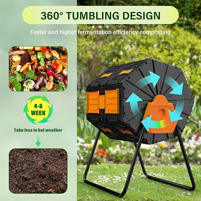Dual Chamber Compost Tumbler, 45 Gallon Large Capacity 360° Rotating Composting Bin, BPA-Free Heavy Duty Composter with Easy Assembly, 38" Height Compost Bin Outdoor for Food Scraps Garden Yard Waste