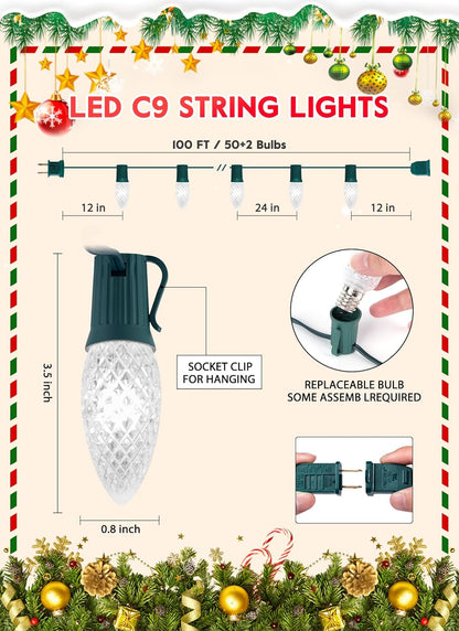 Brightown Outdoor Christmas Lights, 100 Ft C9 LED Commercial String Lights with Pure White Strawberry C9 Bulbs, Waterproof Connectable UL Certified C9 Lights for Indoor Yard Xmas Tree House Decor