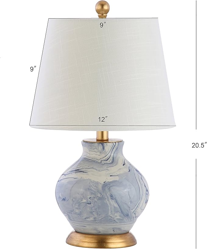 JONATHAN Y 20.5" Blue/White Marbleized Ceramic Table Lamp, Contemporary Traditional Bedside Lamp for Living Room, Gold Accents, White Linen Empire Shade, LED Bulb Included JYL3007A