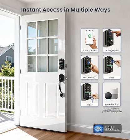 Veise VE017-H Fingerprint Smart Front Door Lock Set, App Control, 8-in-1 Keyless Entry Deadbolt with Zinc Alloy Handles, Emergency Power Port, Touchscreen Keypad, Auto Lock, Easy Install, Matte Black