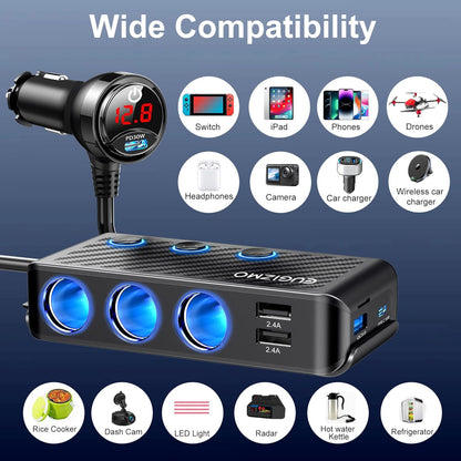 Cigarette Lighter Adapter, 222W 3 Socket Car Cigarette Lighter Plug USB Charger Multi Port 12V Car Plug Outlet Splitter with LED Voltage Display Independent Switches