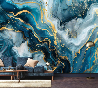 AFZEVEB-Blue and Gold Marble Wallpaper Abstract Art Wall murals for Bedroom 159"x107" (Not Peel and Stick)