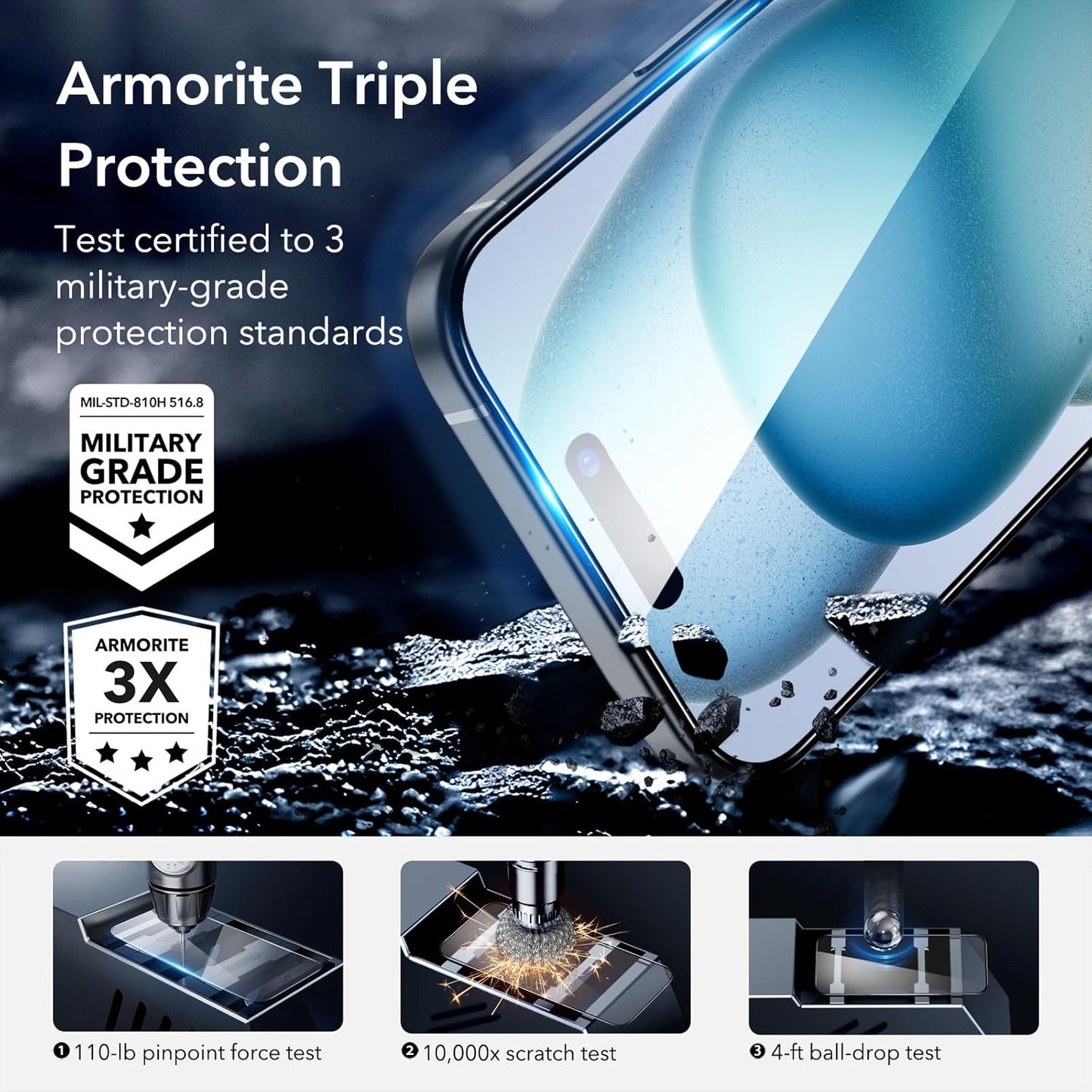 ESR 3+1 Pack for iPhone 15 Screen Protector, [9H Hardness] [Military Grade Shatterproof] Full Coverage Ultra-tough Tempered Glass Film with Easy Installation Frame, 1 Set of Camera Lens Protector
