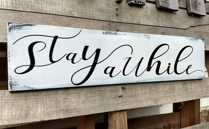 Farmhouse Stay Awhile Wood Sign, Entryway Sign Farmhous Wall Decor, Rustic Wall Art for Housewarming Gift (Stay Awhile) 4x16 Inch