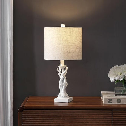JONATHAN Y 20.5" Antique White Rustic Antler Table Lamp for Bedroom Farmhouse Decor, Mini Faux Antler Desk Lamp with Gray Linen Shade, Lodge Cabin Nightstand Lamp, LED Bulb (JYL1031C)