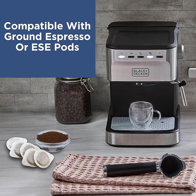 Black+Decker Semi-Automatic 15 Bar Espresso and Cappuccino Maker, Versatile Machine with Ability to use Grounds or ESE Pods to Make Your Perfect Cup of Coffee
