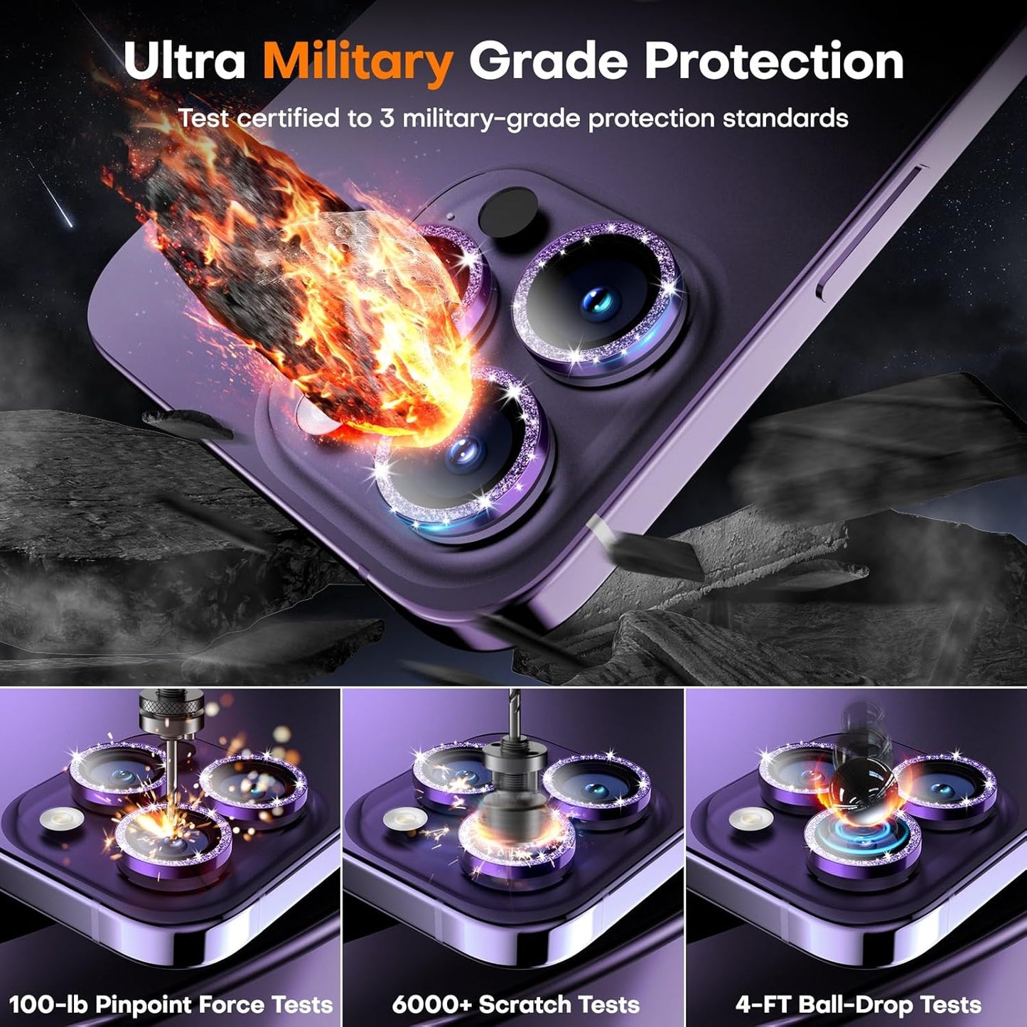 Camera Lens Protector for iPhone 16 Pro Max/16 Pro/15 Pro Max/15 Pro/14 Pro Max/14 Pro, Sapphire Glass Metal Individual Camera Cover Screen, Anti-drop, Case Friendly- Glitter Deep Purple
