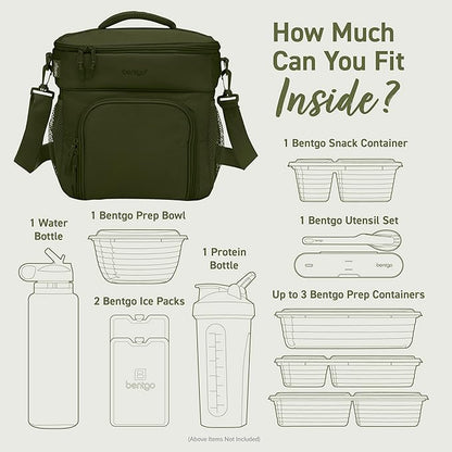Bentgo Prep Deluxe Insulated Multimeal Bag - Lunch Box Bag, Holds 5 Meals, Premium Insulation up to 8 Hrs, Durable, Water-Resistant - Large Capacity For Adult Meal Prep (Olive Green)