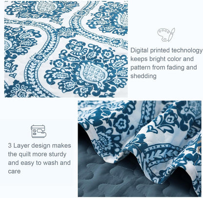 Exclusivo Mezcla Reversible Boho Quilt Set Queen Size, 3 Pieces Damask Blue All Season Bedspreads, Ultra Soft Floral Coverlet Bedding Set with Printed Pattern (1 Quilt, 2 Pillow Shams)