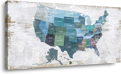 Map of The United States Wall Decor Map Canvas Wall Art for Wall Decoration Wood Background USA Canvas Prints for Bedroom Office Kitchen Home Wall Decor Framed Artwork Ready to Hang24 x48