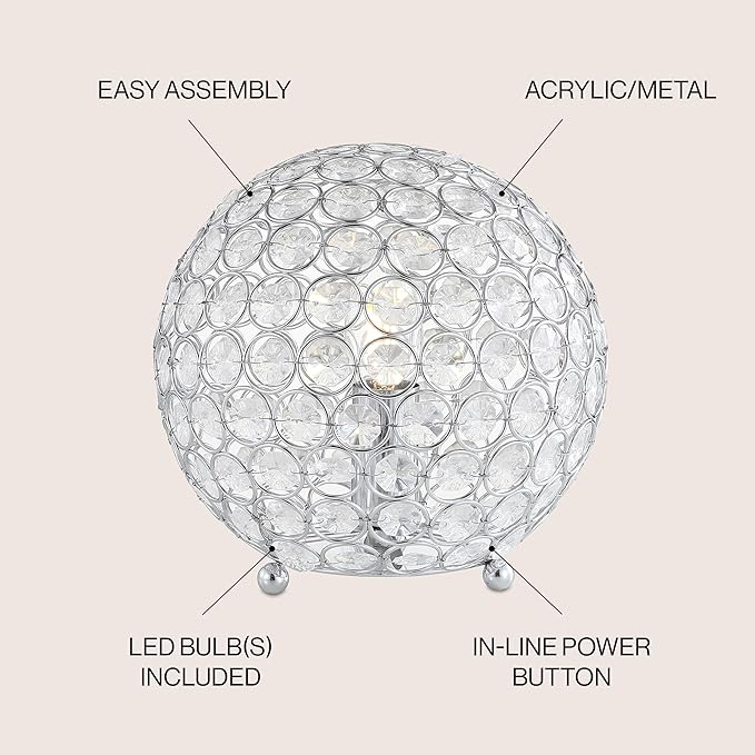 JONATHAN Y 8.25" Clear Acrylic and Chrome Globe LED Table Lamp, Modern Glam Textured Crystal Body for Nightstand, Bedroom, and Living Room, LED Bulb Included JYL1042A