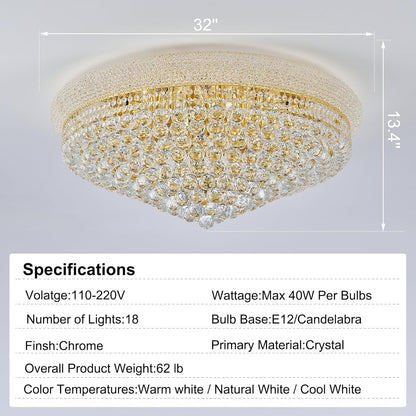 18-Light 32 inch Large Crystal Chandelier Flush Mount Ceiling Light Fixture for Living Room Dining Room Bedroom Foyer Entryway Gold Finish
