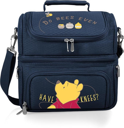 PICNIC TIME Disney Winnie the Pooh Pranzo Insulated Lunch Box, Soft Sided Lunch Bag with Picnic Set, Dual Compartment Cooler Lunch Box, (Navy Blue)