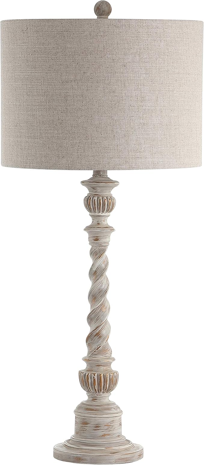 JONATHAN Y 33" White Wash Rustic Resin Table Lamp, Traditional Farmhouse Wood-Look Nightstand Lamp with Gray Linen Drum Shade for Living Room, LED Bulb Included JYL3031A
