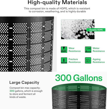 VIVOSUN 300 Gallon Outdoor Compost Bin, Expandable Composter, Easy to Setup & Large Capacity for Backyard, Lawn (Black with Gloves)