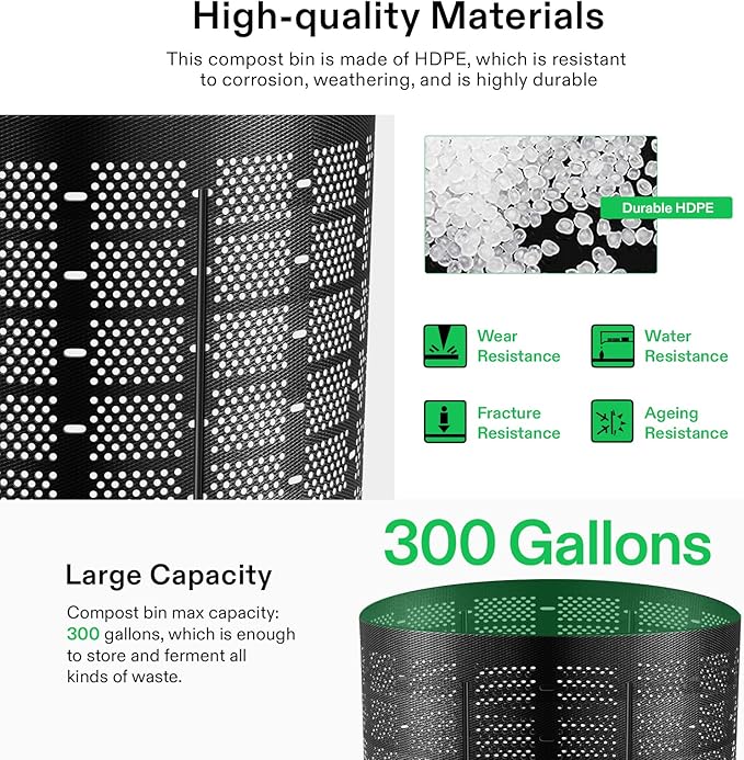 VIVOSUN 300 Gallon Outdoor Compost Bin, Expandable Composter, Easy to Setup & Large Capacity for Backyard, Lawn (Black with Gloves) (Pack of 2)