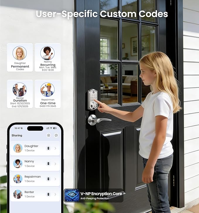 Veise VE017 Fingerprint Smart Door Lock, App Control, 8-in-1 Keyless Entry, Auto Lock, Emergency Power Port, Electronic Touchscreen Keypad, Biometric Smart Locks for Front Door, Satin Nickel