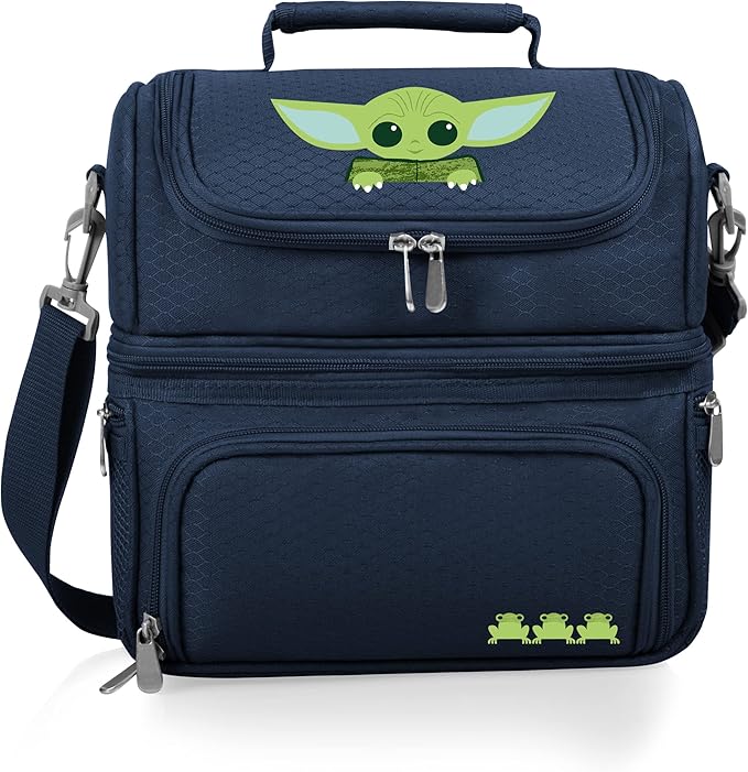 PICNIC TIME Star Wars Mandalorian Grogu Pranzo Insulated Lunch Box, Soft Sided Cooler Bag with Utensil Set, Dual Compartment Lunch Tote, (Navy Blue)