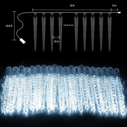 Christmas Meteor Shower Lights Outdoor, 30 Ft With 20 Large Tube 480 LED Dropping Effect, Waterproof Icicle Indoor for Tree Patio Roof Holiday Decor, Cool White
