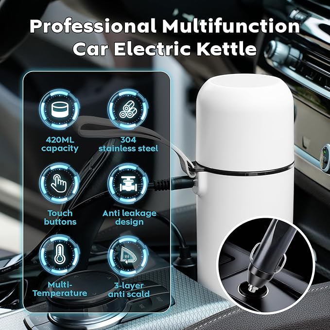 Car Kettle, Portable Electric Travel Kettle, 12V/24V Car Coffee Warmer,420ML Hot Water Heater with Built-in Magnetic Induction Stirring,Mini Hot Water Boiler for Tea Coffee Milk
