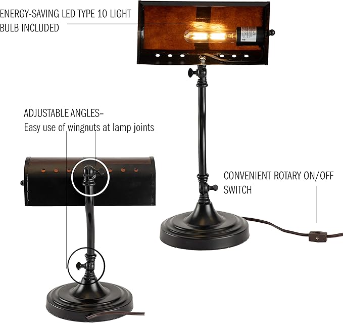 Banker's Lamp - Mission-Style LED Table or Desk Light with Amber Mica Shade and Bulb - Classic Vintage-Look Accent Decor by Lavish Home (Black)