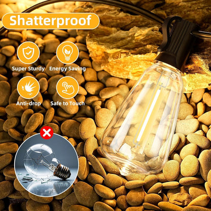 ST38 50FT LED Outdoor String Lights with 25+2 Spare Bulbs, E12 Socket, 2700K Warm White-for Backyard, Wedding, Camping, Porch, Deck, Gazebo, Bistro Decor