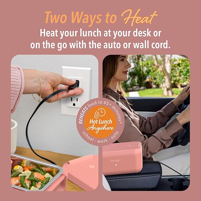 Bentgo Heat - Electric Lunch Box - Portable Food Warmer for Adults, Heated Lunch Box for Work, Travel, School & On the Go, Plug Into Wall or Car, Ideal for Ages 14+, 12V/24V & 120V Cords (Pink Spice)