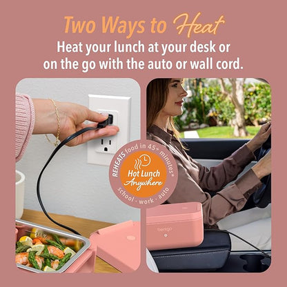 Bentgo Heat - Electric Lunch Box - Portable Food Warmer for Adults, Heated Lunch Box for Work, Travel, School & On the Go, Plug Into Wall or Car, Ideal for Ages 14+, 12V/24V & 120V Cords (Pink Spice)